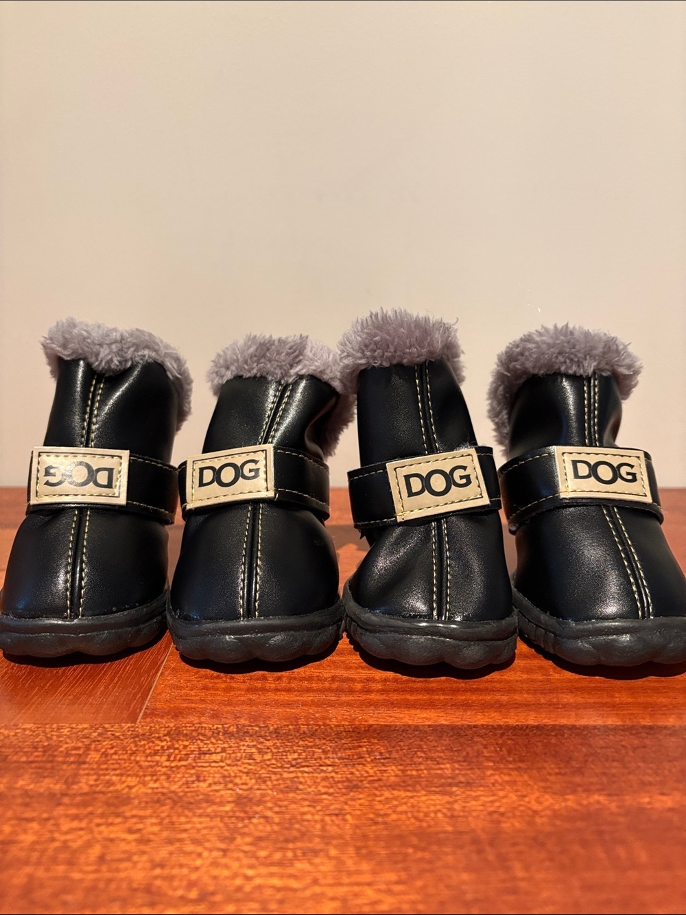 Black Faux Leather Dog Boots Booties with Gray Faux Fur Trim SZ 6 (Set of 4)